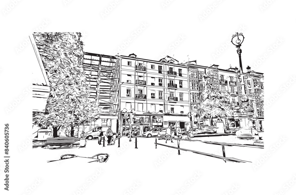 Print Building view with landmark of Santander is the city in Spain. Hand drawn sketch illustration in vector.