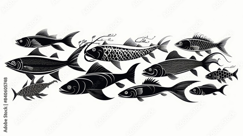 Swarming fish school flat design, side view, oceanography theme, cartoon drawing, black and white Swarming fish school flat design, side view, oceanography theme, cartoon drawing, black and white