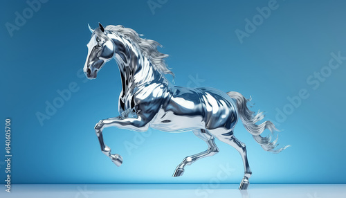 A silver horse is running on a blue background