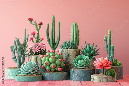 Various cacti in pots on table photo