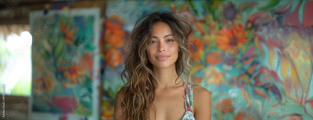 Female artist with abstract floral artwork