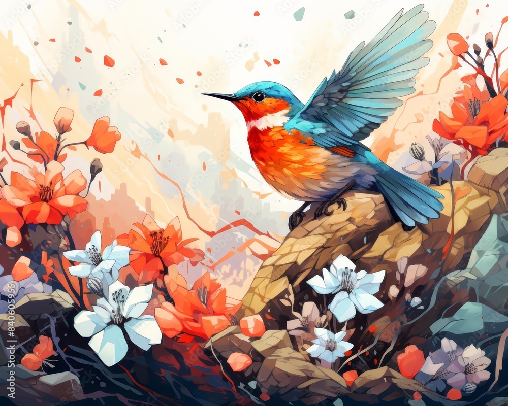 Swarming in the animal kingdom flat design, top view, wildlife ecology theme, watercolor, splitcomplementary color scheme