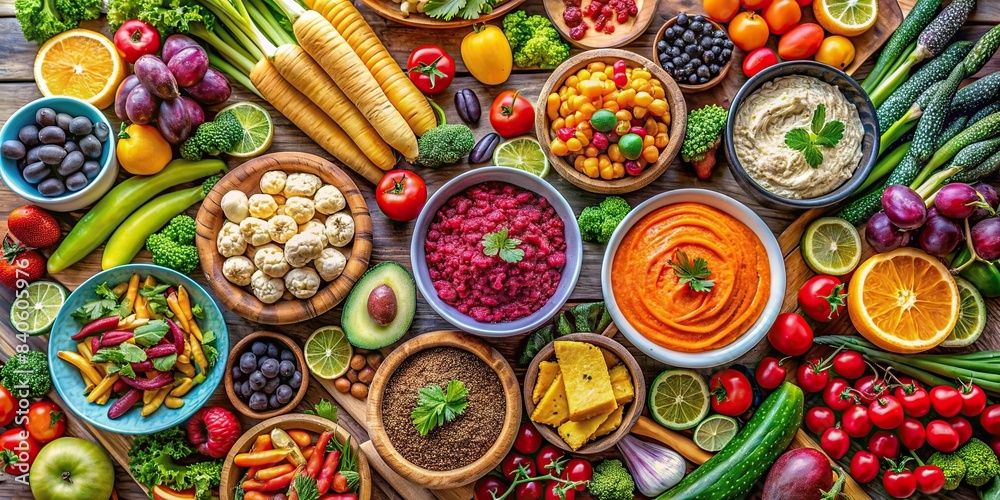 Vibrant vegan spread featuring fresh fruits and vegetables, vegan, fresh, vibrant, plant-based, healthy, colorful, delicious, assortment, food photography, farm-to-table, organic, raw