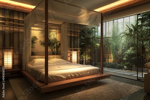 This image depicts a luxurious spa-like Asian bedroom retreat  featuring a plush canopy bed  designed to offer ultimate relaxation and tranquility in an elegant setting.