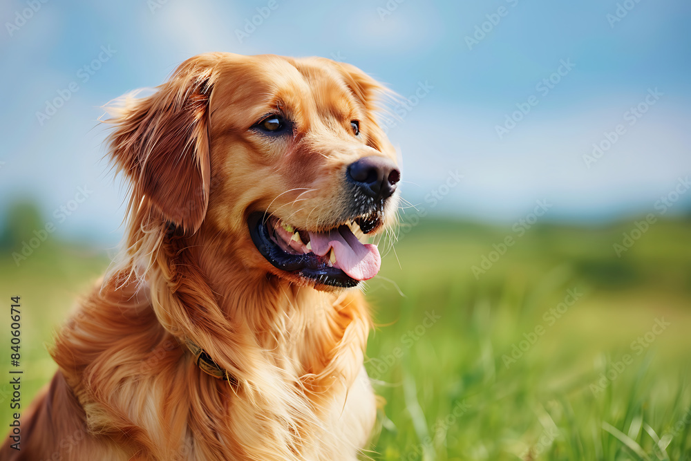 Fototapeta premium a dog is sitting in the grass with a sky background.
