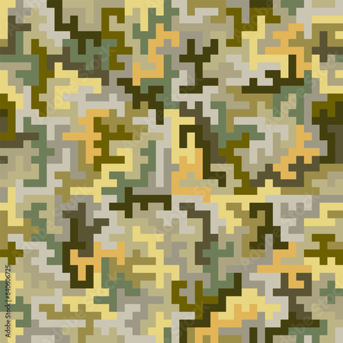 Seamless pixelated camouflage vector pattern in earthy tones. Perfect for military, outdoor, or nature-themed designs. Ideal for backgrounds, textiles, and more