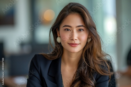 Portrait of filipina woman beautiful business leader, in modern bright office boardroom, professional atmosphere, leadership, diverse workplace, corporate setting.