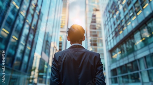 Back view businessman in a suit is standing in front of a office building