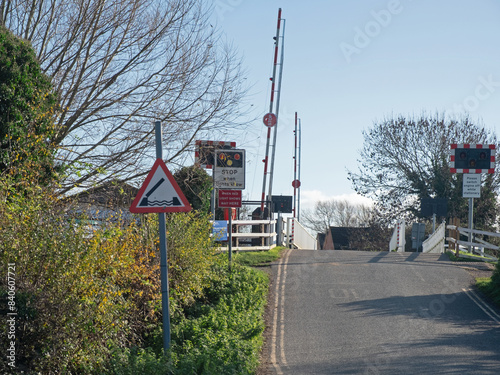 Foto Road signage on the approach to a canal swing bridge in UK