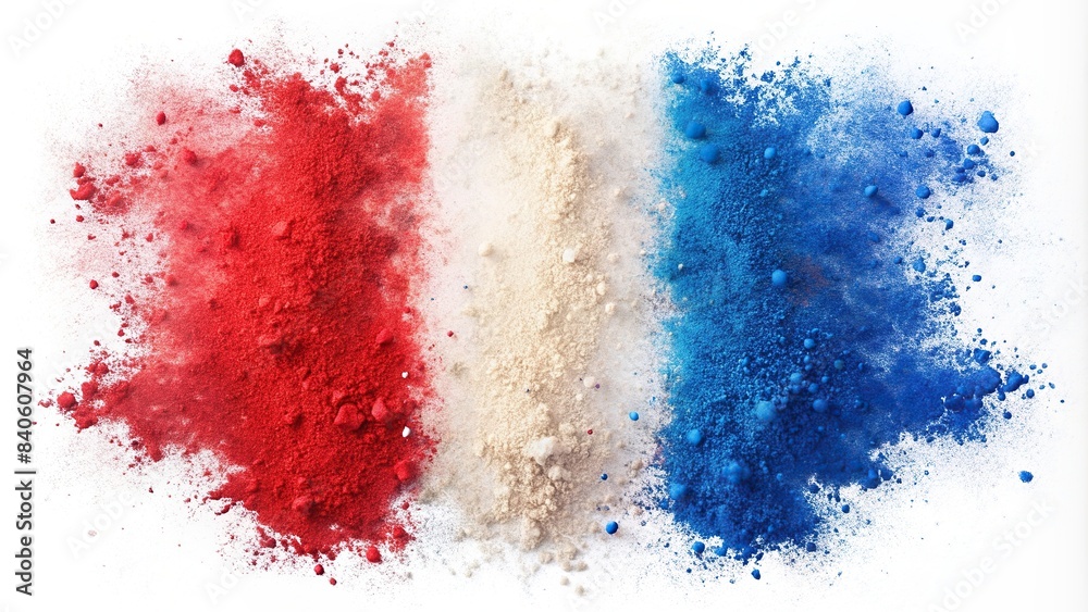 Vibrant French flag bursting with blue, white, and red holi powder on a white background, France, European, celebration, travel, culture, colorful, patriotic, national symbol