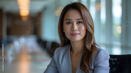 Portrait of filipina woman beautiful business leader, in modern bright office boardroom, professional atmosphere, leadership, diverse workplace, corporate setting.