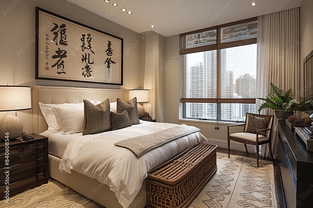 Fototapeta premium This image depicts a luxurious spa-like Asian bedroom retreat, featuring a plush canopy bed, designed to offer ultimate relaxation and tranquility in an elegant setting.