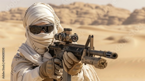 Woman Muslim special soldier wearing a hijab holds a weapon in the desert wallpaper AI generated image