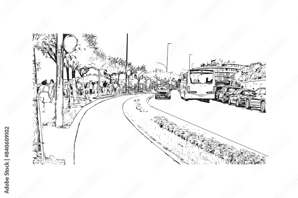 Print Building view with landmark of Santander is the city in Spain. Hand drawn sketch illustration in vector.