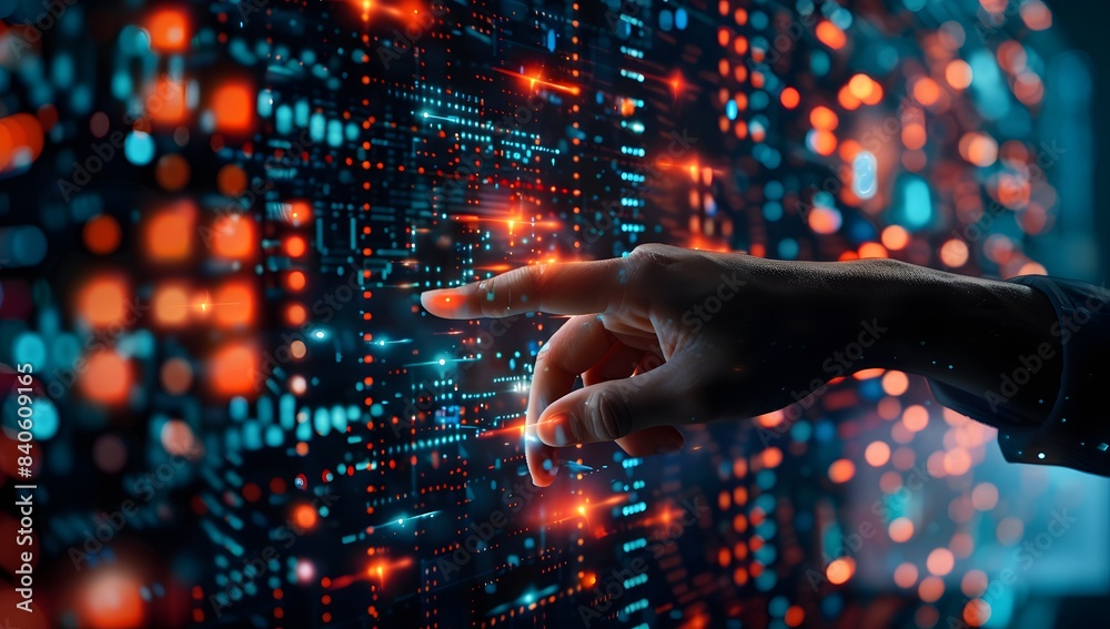 hand touching a virtual screen with a digital interface and technology elements on a dark background hand touching a virtual screen with a digital interface and technology elements on a dark background
