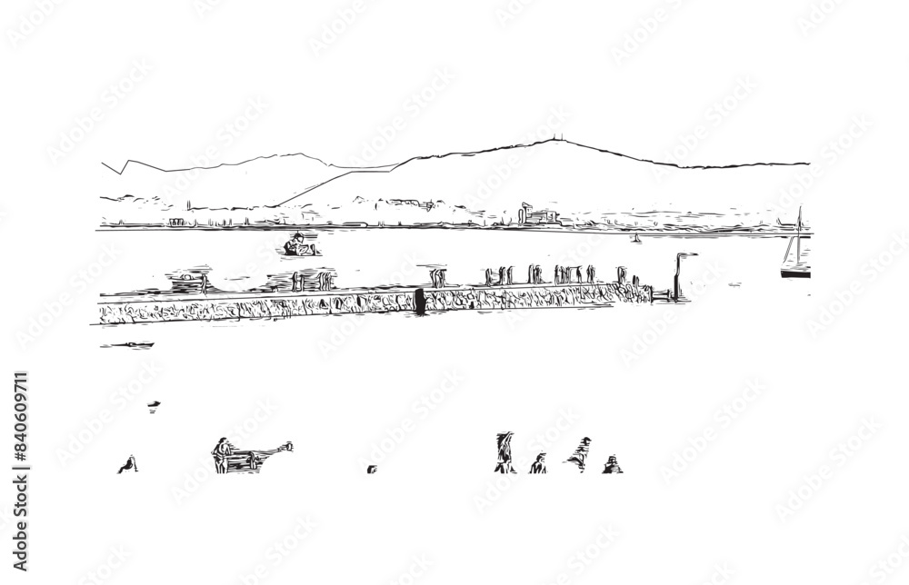 Print Building view with landmark of Santander is the city in Spain. Hand drawn sketch illustration in vector.