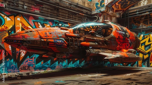 Capture a cosmic explorer spaceship blending seamlessly into a vibrant urban graffiti scene, viewed from a surprising lowangle perspective photo