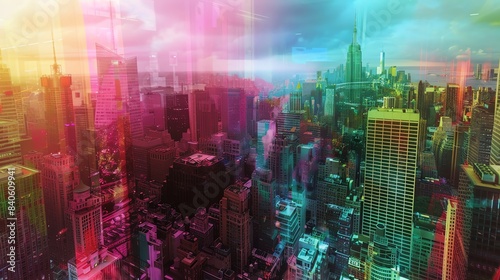 Capture a dreamlike cityscape merging reality and the virtual world in a surreal  panoramic view  incorporating unexpected camera angles and vibrant colors
