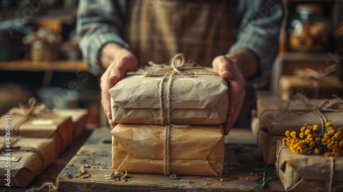 A person holding a stack of wrapped packages. The packages are brown paper with thin white twine tied around them.a sense of achievement and anticipation. 