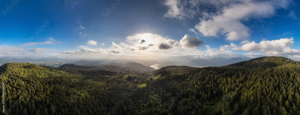 Fototapeta premium Aerial panorama of Canadian Mountain Landscape in Valley. Sunny Sunset.