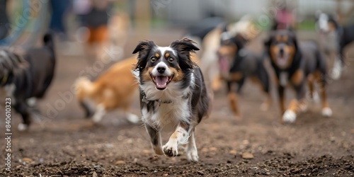 Luna, a lively border collie frolics in a busy urban dog park. Concept Pets, Dogs, Urban Life, Activities, Border Collie