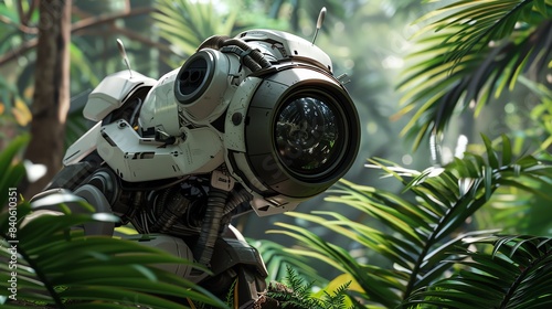 Capture a unique eyelevel angle of a robotic wildlife photographer amidst lush jungle foliage photo