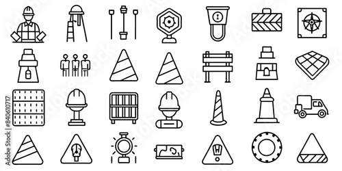 Editable stroke outline  set of different types small icons isolated on white background flat vector illustration. Road Block & Pedestrian Barrier related   Traffic cone, safety cone, construction sig