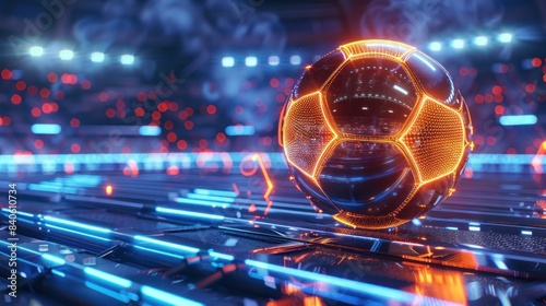A futuristic soccer ball is sitting on a blue surface illustration