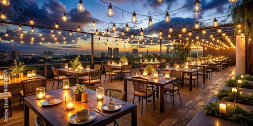 Rooftop restaurant with elegant string lights and candles creating a sophisticated and cozy ambiance, with arranged tables and the glow of candlelight , rooftop, restaurant, elegant photo