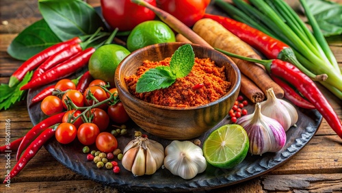 Thai herb bowl with lime, garlic, red chili, tomato and curry paste, traditional Thai ingredients , Thai cuisine, herbs, bowl, lime, garlic, red chili, tomato, curry paste, spicy