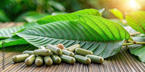 Close-up of Mitragyna speciosa (kratom) leaves with capsules on blurred green background, Mitragyna speciosa, kratom, leaves, medicinal, capsules, products, natural, alternative medicine photo