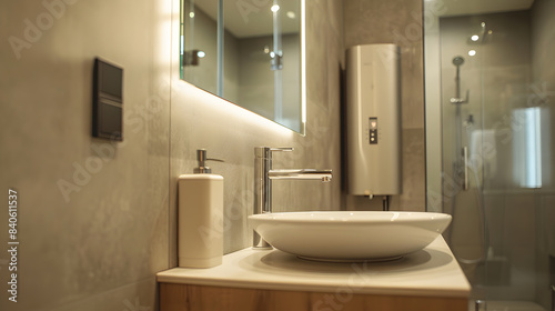 Modern Bathroom with Closeup Water Heater and Mirror