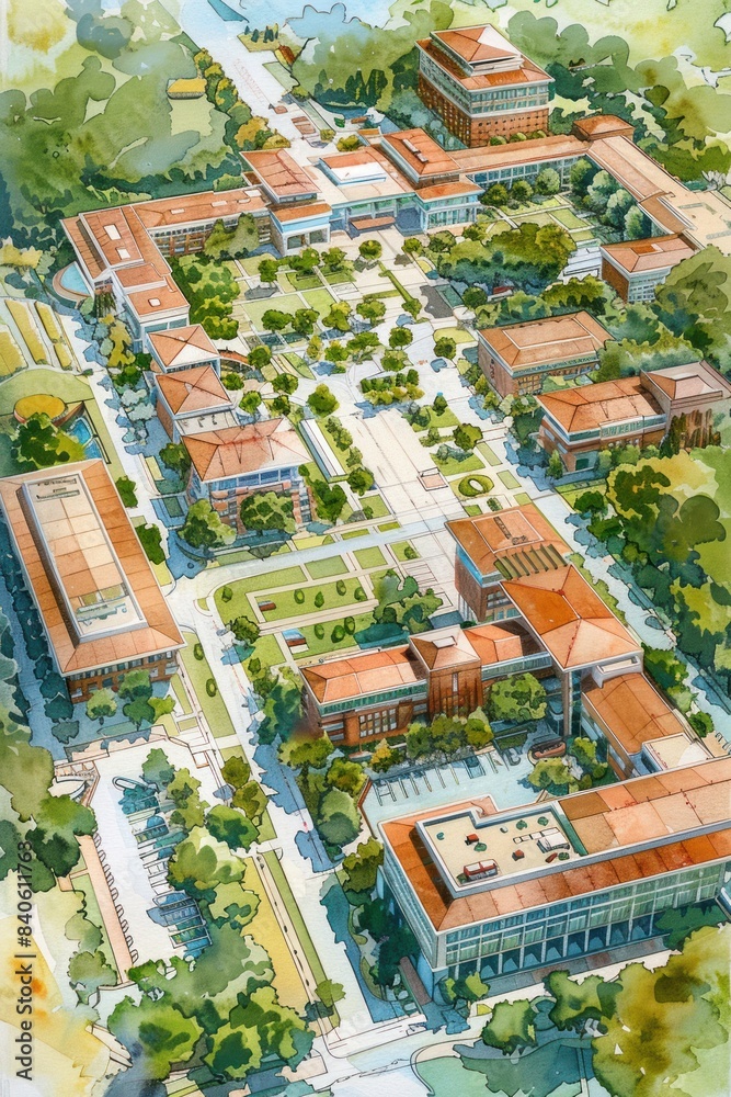 Fototapeta premium Aerial view of a university campus with buildings, trees, and walkways.