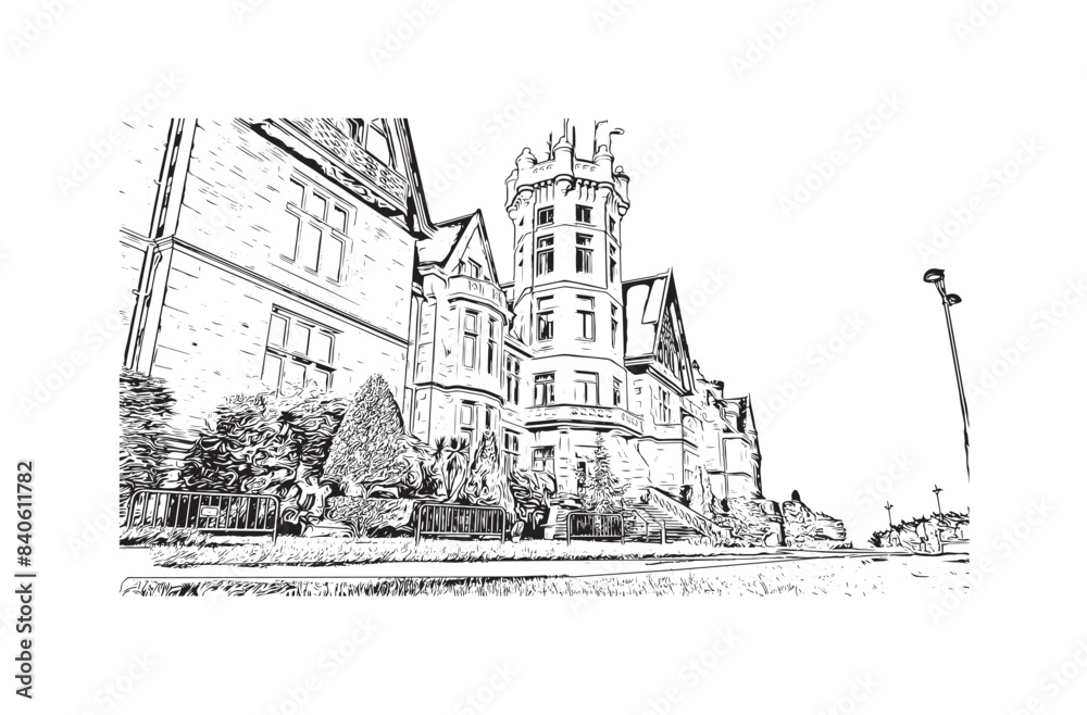 Print Building view with landmark of Santander is the city in Spain. Hand drawn sketch illustration in vector.