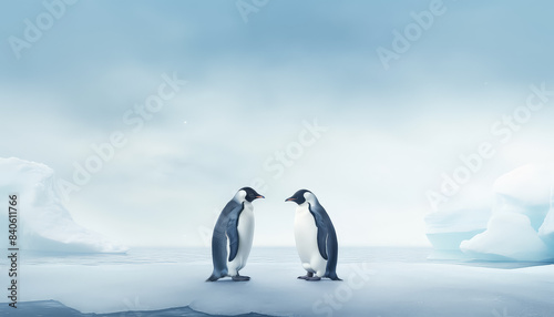 Two penguins standing next to each other on a snowy surface