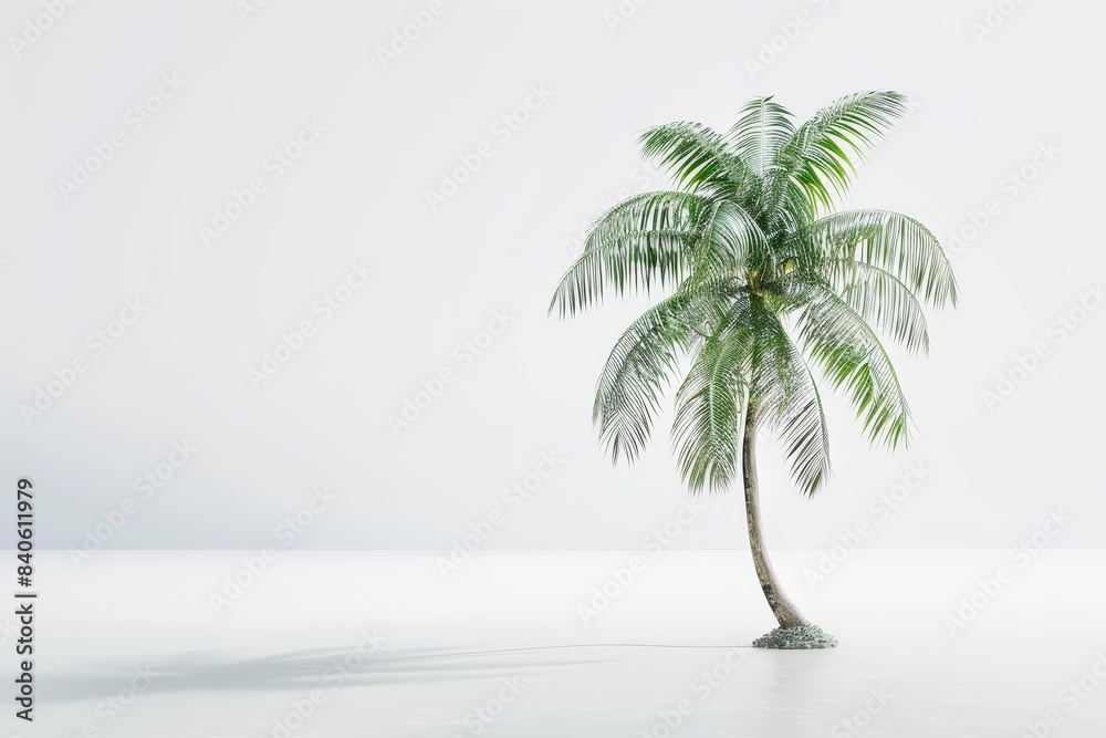 Obraz premium Tropical island minimalist solitary palm tree white background selective focus vibrant blend mode coastal theme