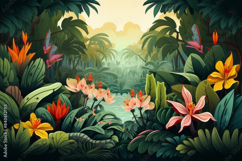 Tropical rainforest biodiversity flat design, top view, conservation theme, cartoon drawing, colored pastel Tropical rainforest biodiversity flat design, top view, conservation theme, cartoon drawing, colored pastel