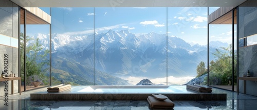 Modern interior with panoramic mountain view through large windows.