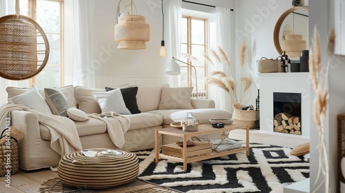 Wallpaper Mural Inviting Scandinavian-Style Living Room with Beige Sofa and Geometric Rug Torontodigital.ca