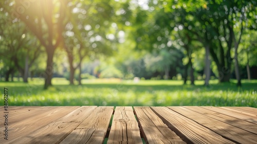 Empty wooden table with green park nature background, Wood table for food and product display over blur green tree garden, Park nature outdoor and wood table in spring and summer, generative ai