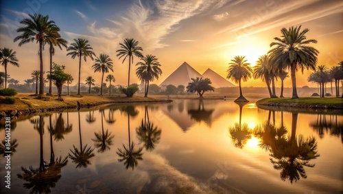 Serenity and mystery meet in this stunning image of a tranquil lake surrounded by palm trees, golden sand, and the silhouette of ancient pyramids on the horizon, Lake, Palms, Sand
