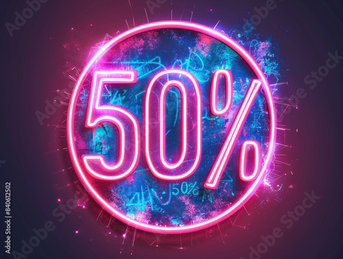 Neon "50% off" sale sticker in bright colors and digital art, isolated on a black background, perfect for promotional designs.