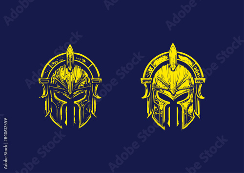 Set of Grunge Golden Spartan Helmet in Yellow Color Showing Symbol of Valor and History