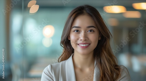 Portrait of filipina woman beautiful business leader, in modern bright office boardroom, professional atmosphere, leadership, diverse workplace, corporate setting.