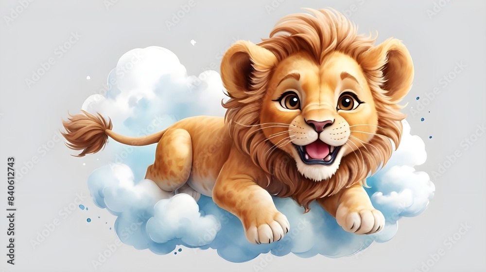An adorable cartoon lion rendered in a digital image on white background, floating above the clouds. An adorable cartoon lion rendered in a digital image on white background, floating above the clouds.