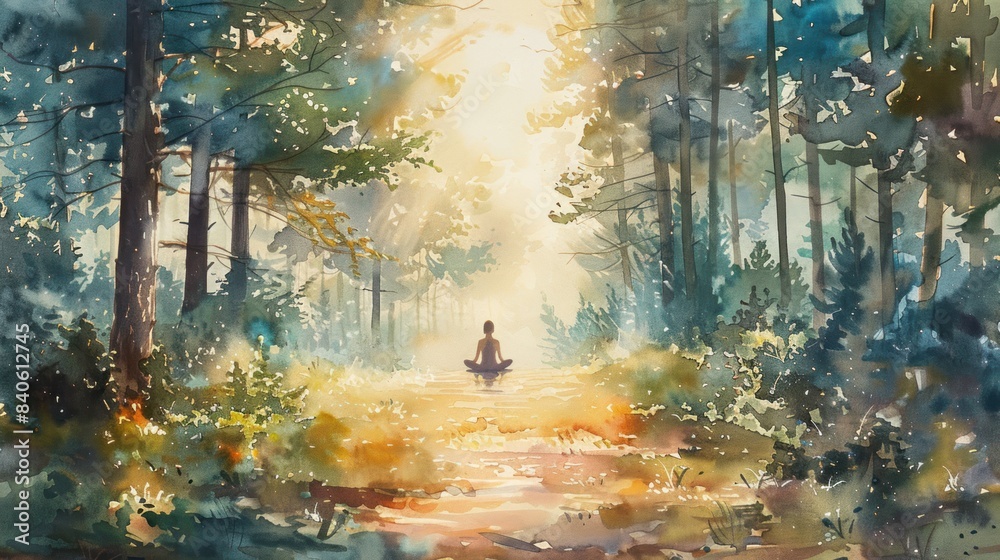 Fototapeta premium A lone figure meditating in a sunlit forest path, surrounded by towering trees and vibrant foliage.