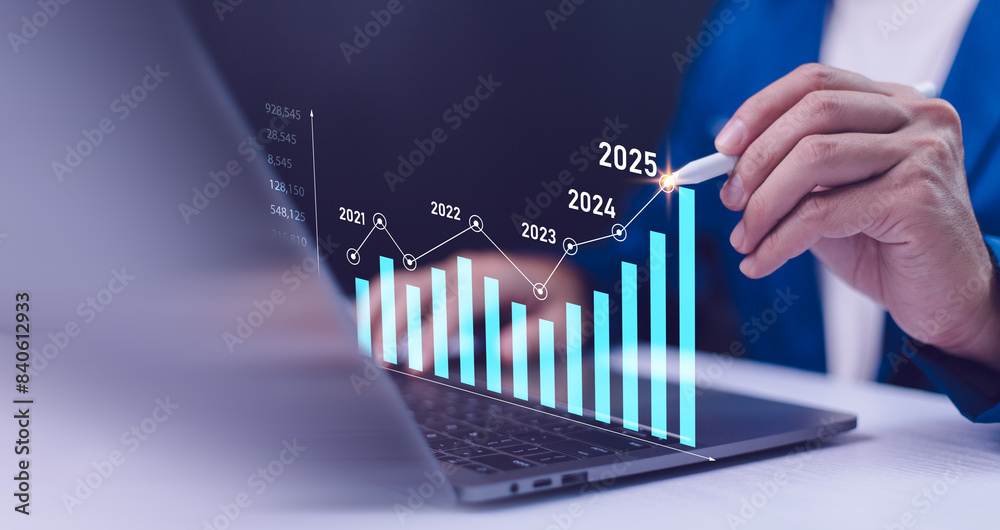 2024 to 2025 business financial plan market concept, performance of profit growth on 2024, education trend up finance on growth graph money revenue, Businessman analyzes profitability of working. 2024 to 2025 business financial plan market concept, performance of profit growth on 2024, education trend up finance on growth graph money revenue, Businessman analyzes profitability of working.