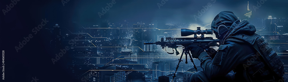 War conflict sniper shooter holding a rifle with zoom telescope on an ...