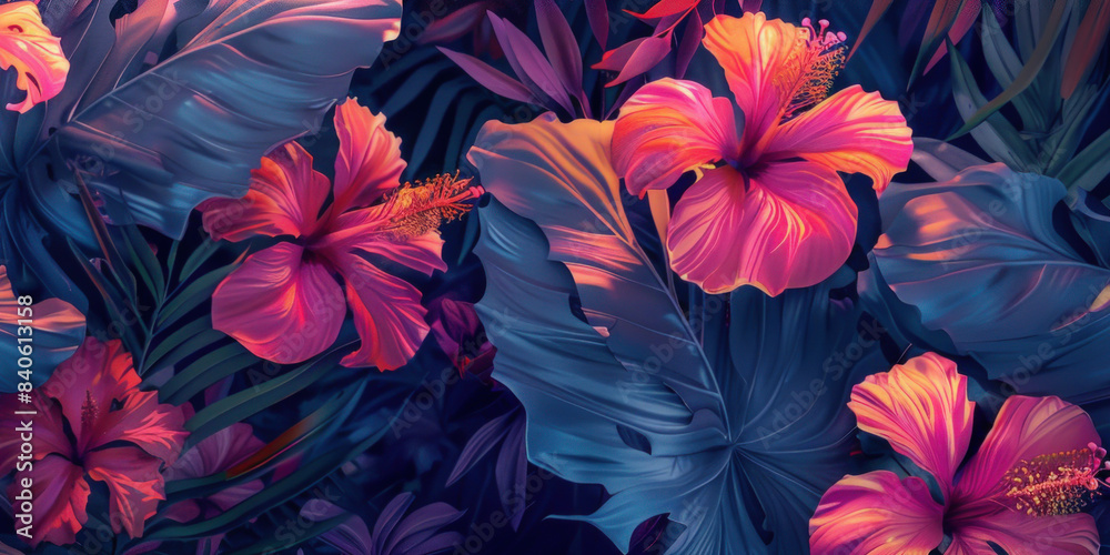 Panorama view of tropical nature of flower and leaves summer abstract background. Generative ai. Panorama view of tropical nature of flower and leaves summer abstract background. Generative ai.