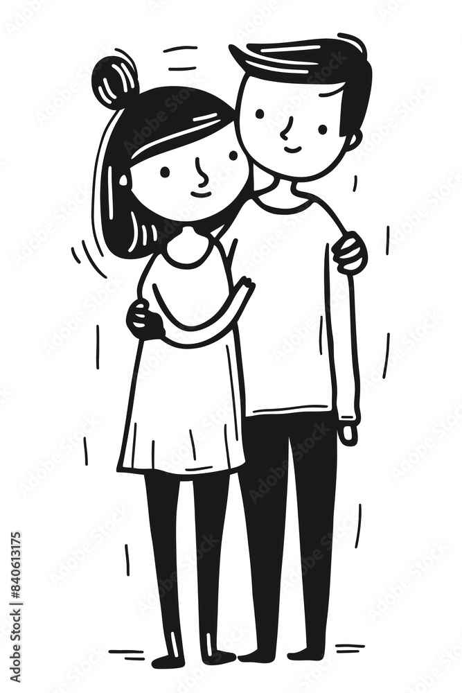 Black and white cartoon couple hugging, representing love, joy, and a strong affectionate bond Black and white cartoon couple hugging, representing love, joy, and a strong affectionate bond